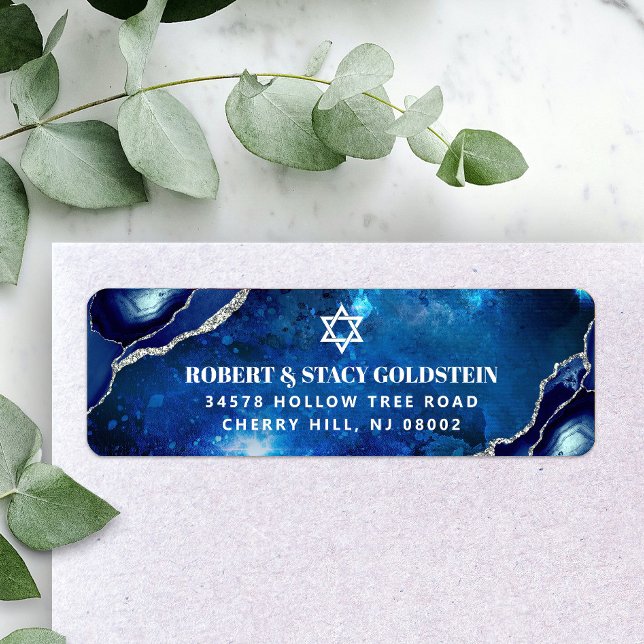 Bar Mitzvah Navy Aquarelle Agate Adresse de retour (Créateur téléchargé)