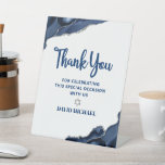 Bar Mitzvah Navy Blue Agate Script Modern Minimal Pedestal Sign<br><div class="desc">Proudly thank every guest for celebrating your son’s Bar Mitzvah with you! Display this stunning, modern, stylish, personalized pedestal sign to add to his special day. Navy blue script typography, a faux silver Star of David and blue agate accented with faux silver veins overlay a minimal white. Personalize the custom...</div>