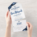 Bar Mitzvah Navy Blue Agate Script Party Modern All In One Invitation<br><div class="desc">Be proud, rejoice and showcase this milestone of your favourite Bar Mitzvah! Send out this cool, unique, modern, custom all-in-one invitation for an event to remember. Bold navy blue script typography and Star of David overlay simple, white background with steel blue agate accented with faux silver veins. This all-in-one product...</div>