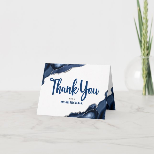 Bar Mitzvah Navy Blue Agate Script Simple Minimal Thank You Card (Front)