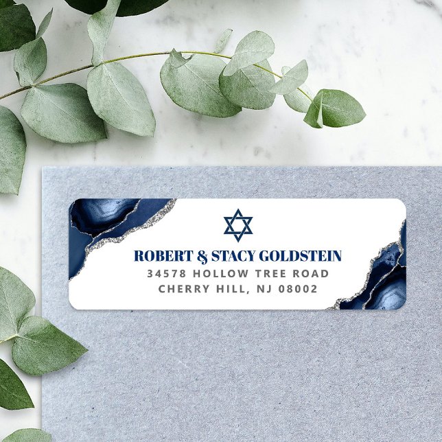 Bar Mitzvah Navy Blue Agate Silver Return Address (Creator Uploaded)