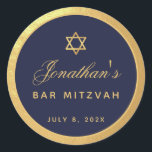 Bar Mitzvah Navy Blue Faux Gold Elegant Script Classic Round Sticker<br><div class="desc">There is a round frame from faux  gold foil,  with golden yellow text on navy blue inside. The name is written in a calligraphic script. Above the name,  there is a star of David from faux gold foil.</div>