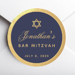 Bar Mitzvah Navy Blue Faux Gold Elegant Script Classic Round Sticker<br><div class="desc">There is a round frame from faux  gold foil,  with golden yellow text on navy blue inside. The name is written in a calligraphic script. Above the name,  there is a star of David from faux gold foil.</div>