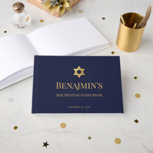 Bar Mitzvah Navy Blue Faux Gold Star of David Boy Guest Book