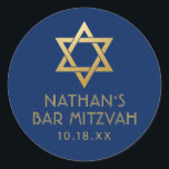 Bar Mitzvah Navy Blue & Gold Star of David Name Classic Round Sticker<br><div class="desc">Elegant modern blue and gold classic bar mitzvah stickers with custom name,  date and Star of David design. These bar mitzvah favour tag stickers are stylish and classy envelope seals,  or on your bar and bat mitzvah party decor projects.</div>