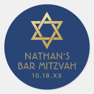 Bar Mitzvah Navy Blue & Gold Star of David Name Classic Round Sticker