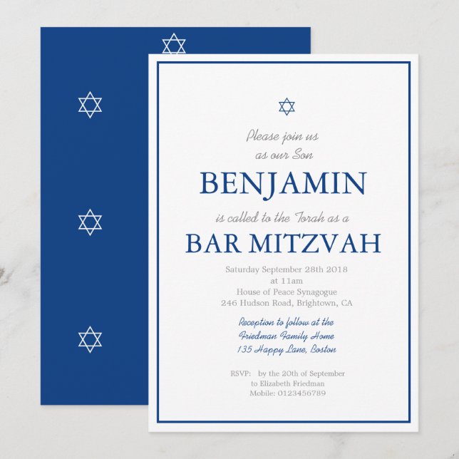 Bar Mitzvah Navy Blue  Hebrew Jewish Invitation (Front/Back)