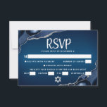 Bar Mitzvah Navy Blue Ombre Agate Cool Script Bold RSVP Card<br><div class="desc">Be proud, rejoice and celebrate this milestone of your favourite Bar Mitzvah with this cool, unique, modern, personalized RSVP insert card for your event! White script typography and Star of David overlay a deep navy blue ombre background with steel blue agate accented with faux silver veins. Personalize the custom text...</div>