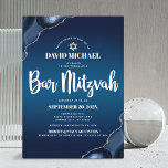 Bar Mitzvah Navy Blue Ombre Agate Modern Script  Invitation<br><div class="desc">Be proud, rejoice and showcase this milestone of your favourite Bar Mitzvah! Send out this cool, unique, modern, personalized invitation for an event to remember. White script typography and Star of David overlay a deep navy blue ombre background with steel blue agate accented with faux silver veins. Personalize the custom...</div>
