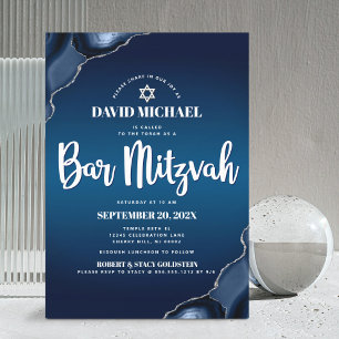 Bar Mitzvah Navy Blue Ombre Agate Modern Script  Invitation