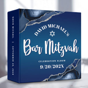 Bar Mitzvah Navy Blue Ombre Agate Script Keepsake Binder