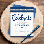 Bar Mitzvah Navy Blue Script Simple Modern Tallit  Enclosure Card<br><div class="desc">Be proud, rejoice and showcase this milestone of your favourite Bar Mitzvah! Include this cool, unique, modern, personalized insert for additional information to your event. Bold, navy blue script typography, Star of David and a navy blue and silver glitter striped tallit inspired graphic overlay a simple, white background. Personalize the...</div>