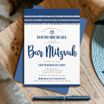 Bar Mitzvah Navy Blue Script Simple Modern Tallit  Invitation<br><div class="desc">Be proud, rejoice and showcase this milestone of your favourite Bar Mitzvah! Send out this cool, unique, modern, personalized invitation for an event to remember. Bold, navy blue script typography, Star of David and a navy blue and silver glitter striped tallit inspired graphic overlay a simple, white background. Personalize the...</div>