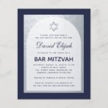 Bar Mitzvah Navy Blue Silver Budget Invitation<br><div class="desc">A bar mitzvah invitation. On a navy blue rectangular background,  it has a faux silver foil arch that has inside navy blue text on white background. The  name is written in an elegant calligraphic script;. There is a (faux) silver star of David above the text.</div>