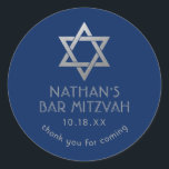 Bar Mitzvah Navy Blue & Silver Star of David Name Classic Round Sticker<br><div class="desc">Elegant modern blue and silver classic bar mitzvah stickers with custom name,  date and Star of David design. These bar mitzvah favour tag stickers are stylish and classy envelope seals,  or on your bar and bat mitzvah party decor projects.</div>