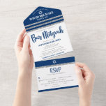 Bar Mitzvah Navy Blue Silver Tallit Modern Script All In One Invitation<br><div class="desc">Be proud, rejoice and showcase this milestone of your favourite Bar Mitzvah! Send out this cool, unique, modern, custom all-in-one invitation for an event to remember. Bold, navy blue script typography, Star of David and a navy blue and faux silver glitter striped tallit inspired graphic overlay a simple, white background....</div>