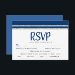 Bar Mitzvah Navy Blue Silver Tallit Script Bold RSVP Card<br><div class="desc">Be proud, rejoice and celebrate this milestone of your favourite Bar Mitzvah with this cool, unique, modern, personalized RSVP insert card for your event! Bold, navy blue script typography and a navy blue and faux silver glitter striped tallit inspired graphic overlay a simple, white background. Personalize the custom text with...</div>