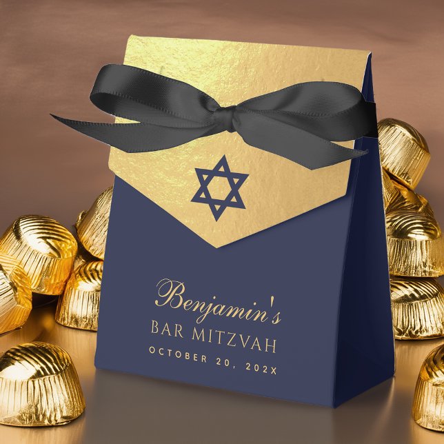 Bar Mitzvah Navy Blue Star of David Faux Gold Foil Favor Box (Creator Uploaded)