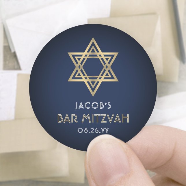 Bar Mitzvah Navy Blue White & Gold Star of David Classic Round Sticker (Creator Uploaded)