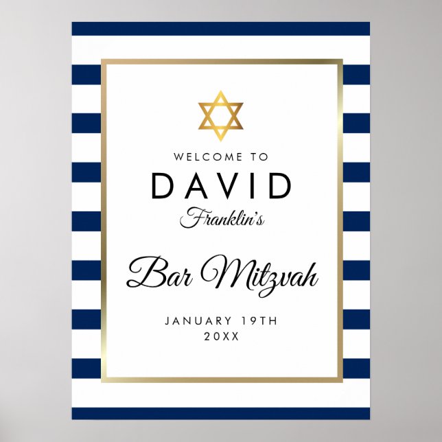 Bar Mitzvah Navy Blue White Gold Welcome Sign (Front)