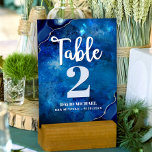 Bar Mitzvah Navy Galaxy Watercolor Agate Script Table Number<br><div class="desc">No Bar Mitzvah party is complete without personalized table number cards. Let your son be proud, rejoice and celebrate his milestone at his perfectly coordinated party. White calligraphy script, light blue grey and white typography, and steel blue agate rocks accented with faux silver veins overlay a deep blue galaxy watercolor...</div>
