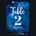 Bar Mitzvah Navy Galaxy Watercolor Agate Script Table Number<br><div class="desc">No Bar Mitzvah party is complete without personalized table number cards. Let your son be proud, rejoice and celebrate his milestone at his perfectly coordinated party. White calligraphy script, light blue grey and white typography, and steel blue agate rocks accented with faux silver veins overlay a deep blue galaxy watercolor...</div>