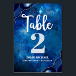 Bar Mitzvah Navy Galaxy Watercolor Agate Script Table Number<br><div class="desc">No Bar Mitzvah party is complete without personalized table number cards. Let your son be proud, rejoice and celebrate his milestone at his perfectly coordinated party. White calligraphy script, light blue grey and white typography, and steel blue agate rocks accented with faux silver veins overlay a deep blue galaxy watercolor...</div>