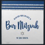 Bar Mitzvah Navy Silver Tallit Bold Challah Cover Napkin<br><div class="desc">Here’s a great addition to your Bar Mitzvah festivity. Celebrate with this cool, unique, modern, personalized challah cover cloth napkin to add to his special day. Bold, navy blue script typography, a silver Star of David and a navy blue and faux silver glitter striped tallit inspired graphic overlay a simple,...</div>