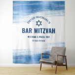 Bar Mitzvah Navy Type Blue Foil Photo Backdrop Tapestry<br><div class="desc">Be proud, rejoice and showcase this milestone of your favourite Bar Mitzvah! Hang up this cool, unique, modern, personalized photo selfie backdrop to add to his special day. Faux metallic light blue foil brush strokes, navy blue typography and a navy blue Star of David overlay a clean, white background. Personalize...</div>
