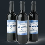 Bar Mitzvah Navy Typography Blue Foil Bold Modern<br><div class="desc">Be proud, rejoice and showcase this milestone of your favourite Bar Mitzvah! Use this cool, unique, modern, personalized wine label to add to his special day. Faux metallic light blue foil brush strokes, navy blue typography and a navy blue Star of David overlay a clean, white background. Personalize the custom...</div>