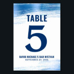 Bar Mitzvah Navy Typography Blue Foil Modern Bold Table Number<br><div class="desc">No Bar Mitzvah party is complete without personalized table number cards. Let your son be proud, rejoice and celebrate his milestone at his perfectly coordinated party. Faux metallic light blue foil brush strokes and navy blue typography overlay a simple, white background. Personalize the custom text with the table number, his...</div>