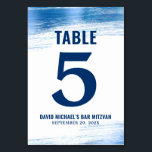 Bar Mitzvah Navy Typography Blue Foil Modern Bold Table Number<br><div class="desc">No Bar Mitzvah party is complete without personalized table number cards. Let your son be proud, rejoice and celebrate his milestone at his perfectly coordinated party. Faux metallic light blue foil brush strokes and navy blue typography overlay a simple, white background. Personalize the custom text with the table number, his...</div>