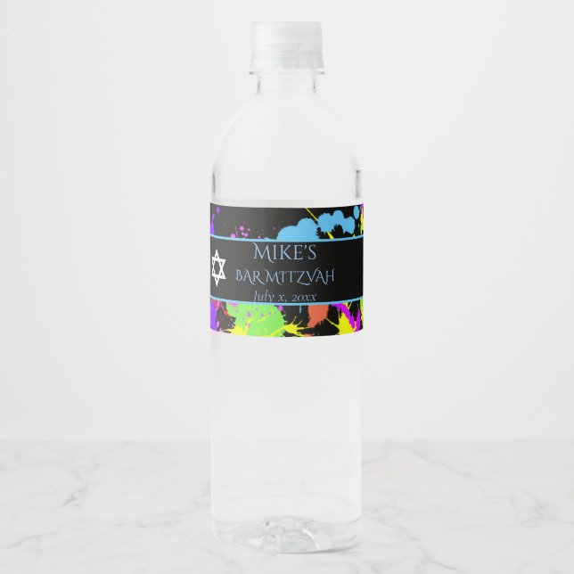 Bar Mitzvah Neon Paint, Paintball Star of David Water Bottle Label (Front)