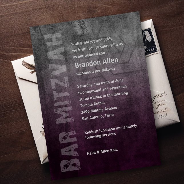 Bar Mitzvah Ombre Grunge Plum Invitation (Creator Uploaded)