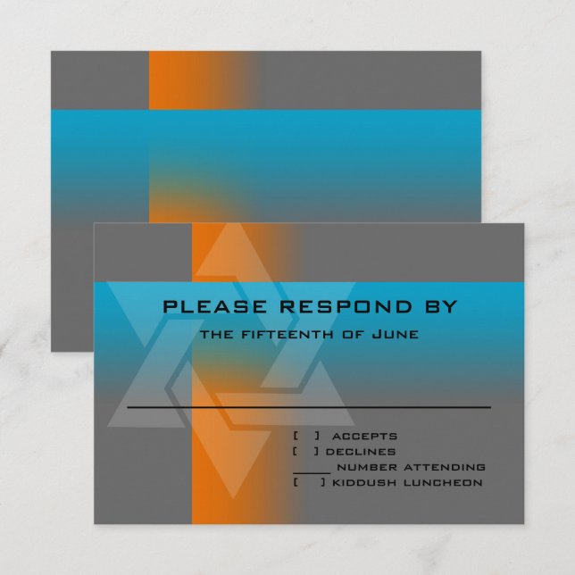 Bar Mitzvah Orange and Turquoise on Any Colour RSVP Card (Front/Back)