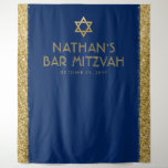 Bar Mitzvah Photo Backdrop Blue Gold Tapestry<br><div class="desc">Bar Mitzvah Personalized Photo Backdrop Tapestry with navy blue background and gold sparkly glitter stripe border edges and faux gold Star of David at the top. Change the background colours and fonts by clicking "customize further" to design your own.</div>