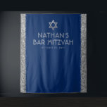 Bar Mitzvah Photo Backdrop Blue Silver Tapestry<br><div class="desc">Bar Mitzvah Personalized Photo Backdrop Tapestry with navy blue background and silver faux sparkly glitter stripe border edges and grey and silver Star of David at the top. Change the background colours and fonts by clicking "customize further" to design your own.</div>
