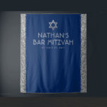 Bar Mitzvah Photo Backdrop Blue Silver Tapestry<br><div class="desc">Bar Mitzvah Personalized Photo Backdrop Tapestry with navy blue background and silver faux sparkly glitter stripe border edges and grey and silver Star of David at the top. Change the background colours and fonts by clicking "customize further" to design your own.</div>