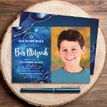 Bar Mitzvah Photo Blue Galaxy Watercolor Agate  Invitation<br><div class="desc">Be proud, rejoice and showcase this milestone of your favourite Bar Mitzvah! Send out this cool, unique, modern, personalized photo invitation for an event to remember. On the left side, white script, bold typography, and Star of David, along with steel blue agate accented with faux silver veins, overlay a deep...</div>