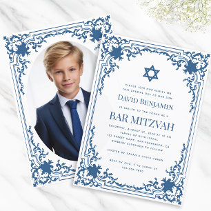 Bar Mitzvah Photo Blue White Vintage Star of David Invitation