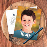 Bar Mitzvah Photo Bold Modern Script Thank You  Postcard<br><div class="desc">Make sure your favourite Bar Mitzvah shows his appreciation to all who supported his milestone event! Send out this this cool, unique, modern, personalized thank you postcard! White script calligraphy and bold serif typography overlay the photo of your choice. A navy blue Star of David, along with your personalized note...</div>