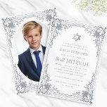 Bar Mitzvah Photo Faux Silver Star Elegant Ornate Invitation<br><div class="desc">This elegant bar mitzvah invitation with a vintage air has an ornate faux silver foil frame with elegant baroque decorations. Above the text there is a star of David, also in faux silver. All text can be personalized and has a grey colour similar to the silver frame. The background is...</div>