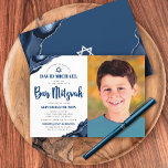 Bar Mitzvah Photo Modern Navy Blue Agate Script Invitation<br><div class="desc">Be proud, rejoice and showcase this milestone of your favourite Bar Mitzvah! Send out this cool, unique, modern, personalized photo invitation for an event to remember. On the left side, navy blue script, bold typography, and Star of David, along with steel blue agate accented with faux silver veins, overlay a...</div>