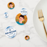 Bar Mitzvah Photo Modern Navy Typography Blue Foil Confetti<br><div class="desc">Add some extra style to your favourite Bar Mitzvah’s celebration party with this customizable table confetti! Metallic light blue foil brush strokes, along with bold, navy blue typography and Star of David, overlay a simple, white background on one side. Your Bar Mitzvah’s photo is on the other. Personalize the custom...</div>