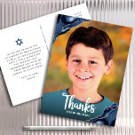 Bar Mitzvah Photo Navy Blue Agate Script Thank You Postcard<br><div class="desc">Make sure your favourite Bar Mitzvah shows his appreciation to all who supported his milestone event! Send out this this cool, unique, modern, personalized thank you postcard! White script typography and navy blue agate rocks accented with faux silver veins overlay the photo of your choice. A navy blue Star of...</div>