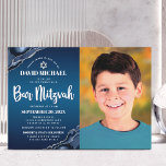 Bar Mitzvah Photo Navy Blue Ombre Agate Script Invitation<br><div class="desc">Be proud, rejoice and showcase this milestone of your favourite Bar Mitzvah! Send out this cool, unique, modern, personalized photo invitation for an event to remember. On the left side, white script, bold typography, and Star of David, along with steel blue agate accented with faux silver veins, overlay a deep...</div>