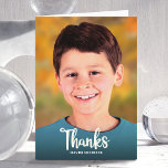 Bar Mitzvah Photo Simple Bold Modern Script Custom Thank You Card<br><div class="desc">Make sure your favourite Bar Mitzvah shows his appreciation to all who supported his milestone event! Send out this this cool, unique, modern, personalized thank you card! White script typography and bold serif typography overlay the photo of your choice. A navy blue Star of David and your personalized note adorn...</div>