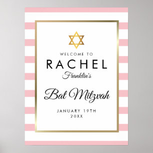 Bar Mitzvah Pink And White Stripe Gold Welcome Poster