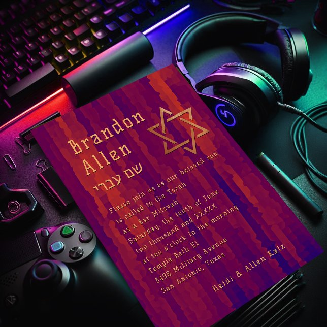 Bar Mitzvah Plum and Orange Techno Streaks Invitation (Creator Uploaded)