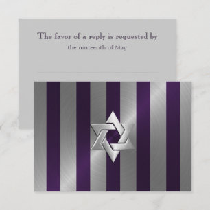 Bar Mitzvah Plum and Silver Stripe Star of David RSVP Card